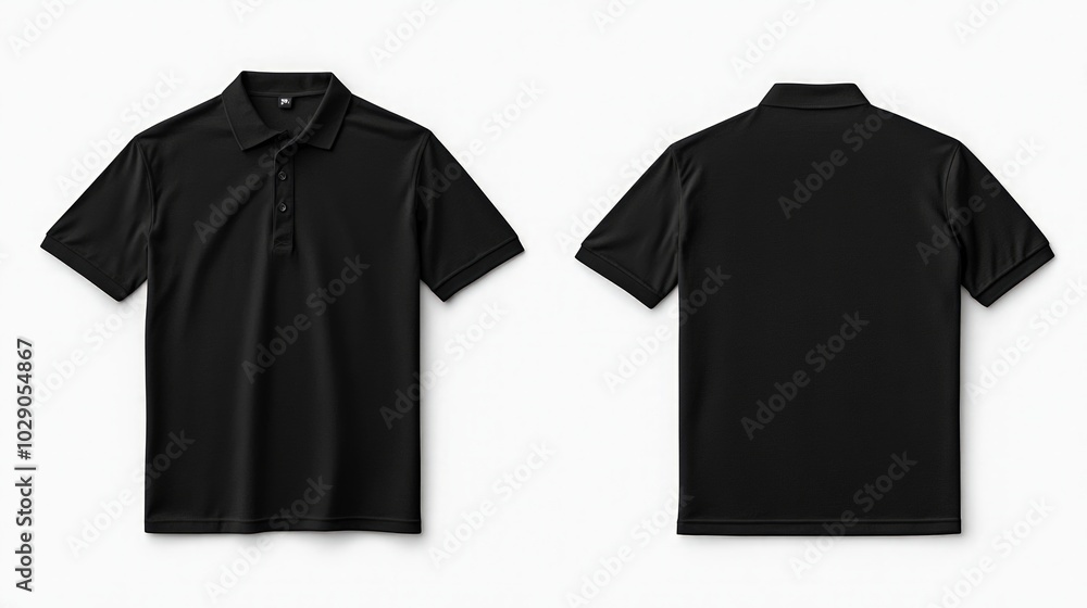 Black polo shirt mockup template on white background, featuring front and back views, ideal for showcasing clothing designs and brand presentations. Black polo shirt mockup template on white background, featuring front and back views, ideal for showcasing clothing designs and brand presentations.
