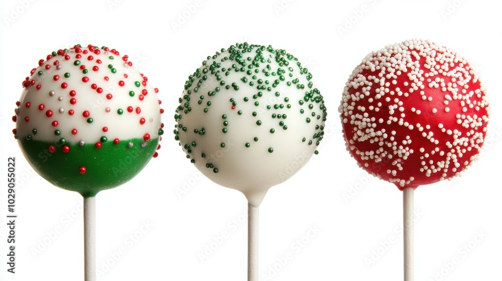 Christmas cake pops decorated with festive red, green, and white sprinkles, isolated on white background Christmas cake pops decorated with festive red, green, and white sprinkles, isolated on white background