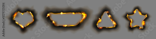 Burnt paper in form of geometric shapes frame with fire and black ash, isolated heart and trapezoid, triangle and star. Vector realistic set of borders from scorched and smoldering sheets and edges