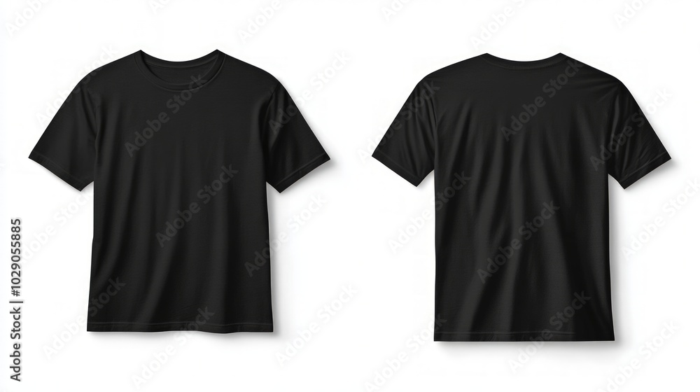 Blank black t-shirt design, front and back views, isolated on white background, ideal for apparel mockup presentations and fashion design concepts Blank black t-shirt design, front and back views, isolated on white background, ideal for apparel mockup presentations and fashion design concepts