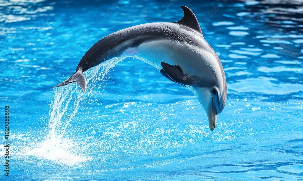 A dolphin leaps out of the blue water. A dolphin leaps out of the blue water.
