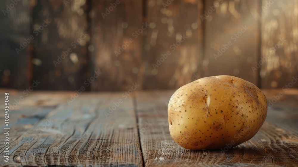 A Single Russet Potato on a Weathered Wooden Surface A Single Russet Potato on a Weathered Wooden Surface