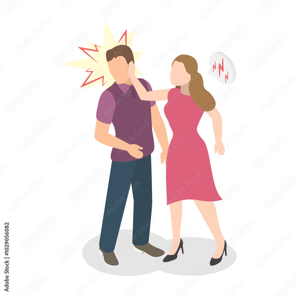 3D Isometric Flat Illustration of Slap , Woman Slaps Cheating Man in Close-up Footage of Their Fight 3D Isometric Flat Illustration of Slap , Woman Slaps Cheating Man in Close-up Footage of Their Fight