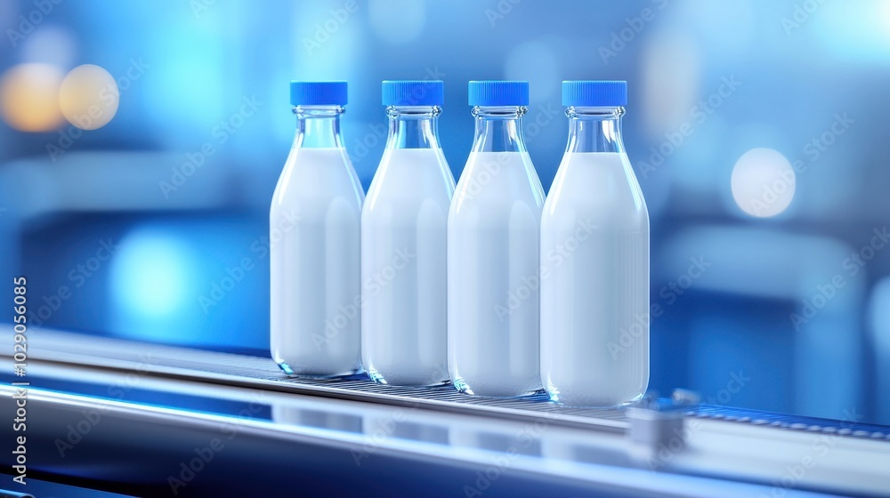 Pasteurized milk bottles on a conveyor belt, industrial setting Pasteurized milk bottles on a conveyor belt, industrial setting