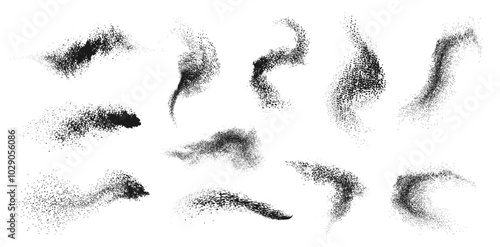 Powder dots brush strokes, isolated set of wavy lines. Vector grunge sprinkle spray texture, dirty dust sand noise. Graffiti ink or dotwork, coarse halftone paint for artwork and design
