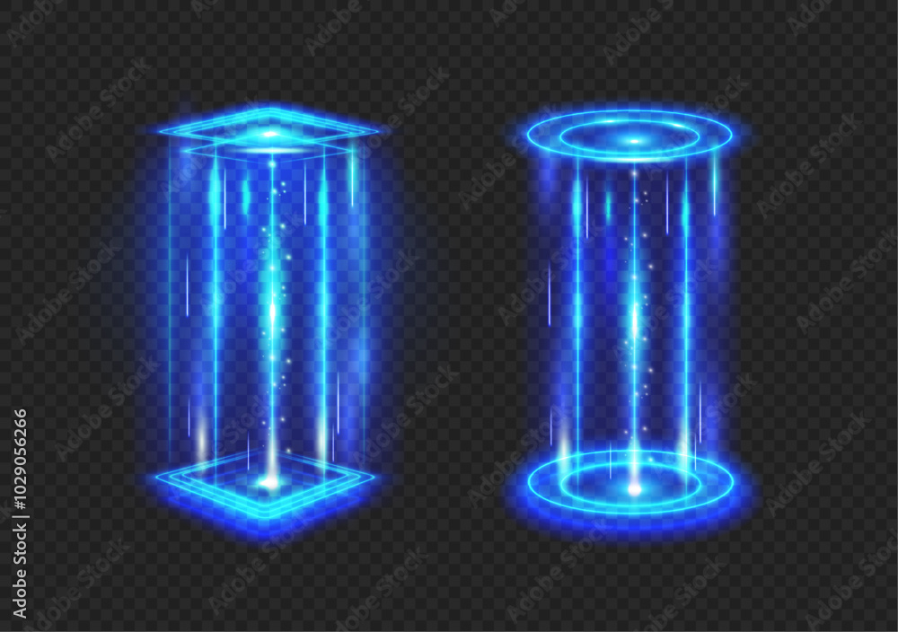 Futuristic hologram, game teleportation portals with glowing neon light. Vector energy circles and rays, light aura of magic doors. Level up effect for gaming design. Hole or tunnel for travel Futuristic hologram, game teleportation portals with glowing neon light. Vector energy circles and rays, light aura of magic doors. Level up effect for gaming design. Hole or tunnel for travel