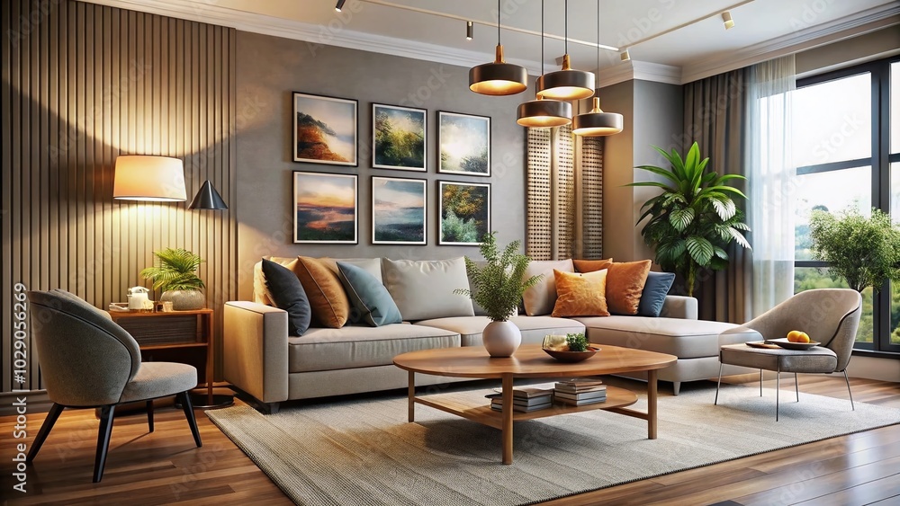 Fototapeta premium Modern Living Room Interior Design in 3D Render - Stylish Furniture, Elegant Decor, and Contemporary Aesthetics
