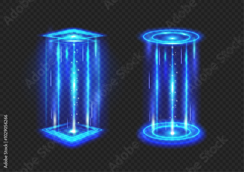 Futuristic hologram, game teleportation portals with glowing neon light. Vector energy circles and rays, light aura of magic doors. Level up effect for gaming design. Hole or tunnel for travel