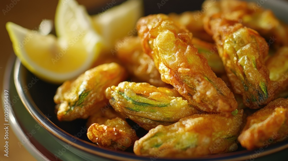 Close-up of crispy zucchini flowers fried to perfection, arranged on a ceramic plate with a side of lemon wedges Close-up of crispy zucchini flowers fried to perfection, arranged on a ceramic plate with a side of lemon wedges