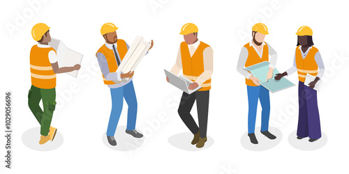 3D Isometric Flat  Illustration of Workers Construction Engineers, Construction Architects in Helmets with Tools and Blueprints.
