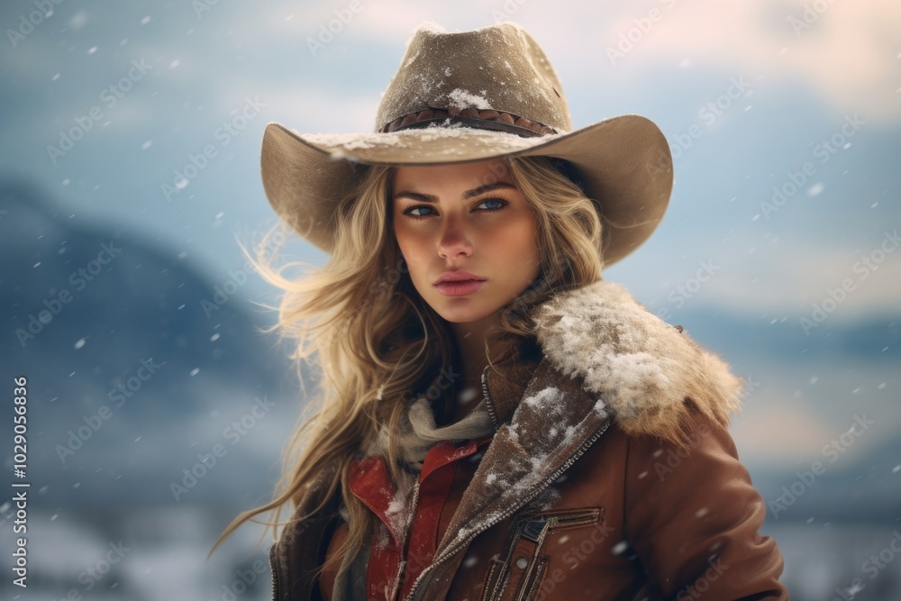 Portrait of a tender woman in her 30s wearing a rugged cowboy hat isolated in pristine snowy mountain Portrait of a tender woman in her 30s wearing a rugged cowboy hat isolated in pristine snowy mountain