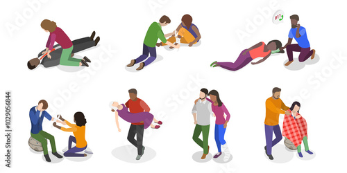 3D Isometric Flat  Illustration of Medical First Aid, Emergency procedures, and rescue scenarios