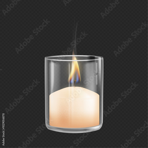 Aromatic scented votive candle in glass with burning wick and smoke from blowing out. Vector realistic candlelight of melting candle illuminating light on transparent background