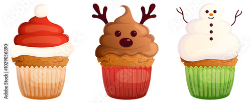Christmas cupcake with  icing in a shape deer, Santa hat, snowman isolated on white. Sweet xmas pastry.