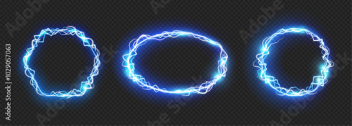 Electric discharge or lightning effect frames, isolated set of realistic borders with sparkles. Vector circular, round and oval geometric form with copy space for banners, presentation or typography