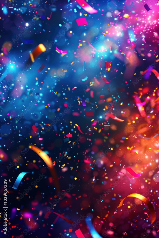 Vibrant Neon Fireworks with Confetti in Starry New Year's Celebration Design Vibrant Neon Fireworks with Confetti in Starry New Year's Celebration Design