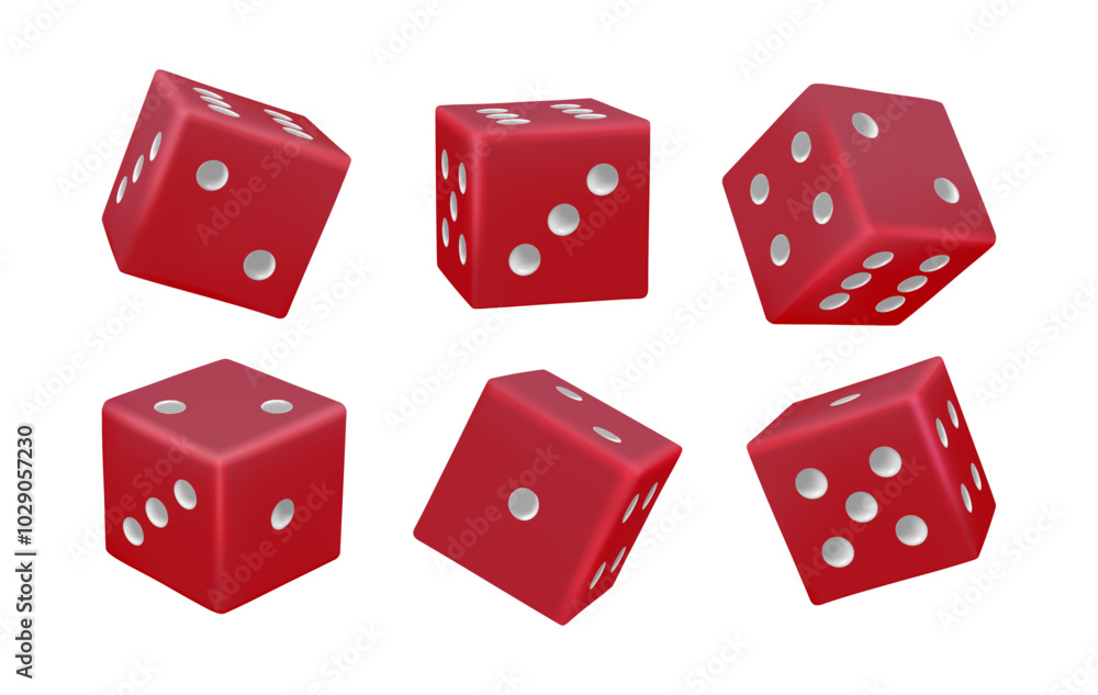 Dice for playing boardgames, gambling casino or poker. Vector isolated set of realistic red cubes with dots. Different positions in motion. Throwing for luck, random numbers and winning Dice for playing boardgames, gambling casino or poker. Vector isolated set of realistic red cubes with dots. Different positions in motion. Throwing for luck, random numbers and winning