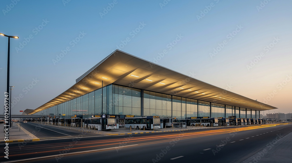 Modern airport terminal with glass facade and buses at dusk.