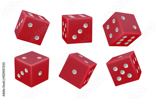 Dice for playing boardgames, gambling casino or poker. Vector isolated set of realistic red cubes with dots. Different positions in motion. Throwing for luck, random numbers and winning