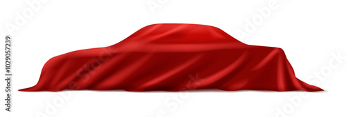 Red curtain hiding surprise, surprise presentation. Hidden car auto under drapery cloth, present gift or exhibition stand with secret, mystery object reveal on stage vector illustration