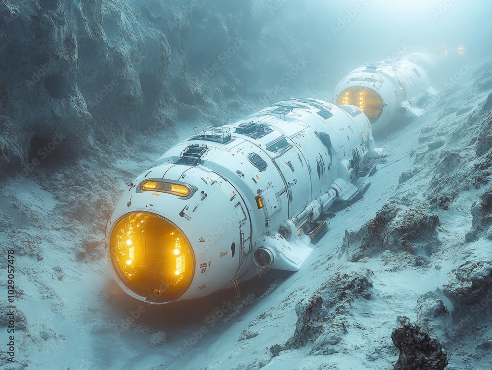 Futuristic submarines exploring the depths of a mystical ocean canyon ...
