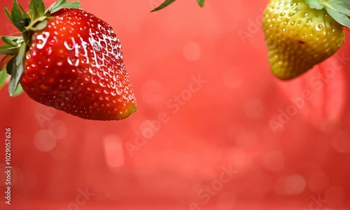 Super Slow Motion Shot of Fresh Strawberries on Red Background Flying Towards Camera at 1000fps.