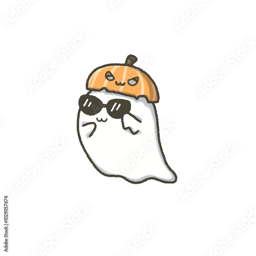 cute white ghost in Halloween theme wearing sunglasses 