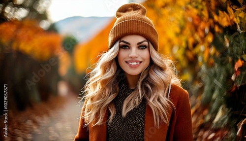 Autumn Walk: Fashionable blondie Model with Beanie in a Scenic Fall Setting
