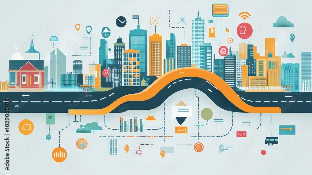 Fototapeta premium Modern city-themed infographic illustrating a business roadmap timeline, highlighting milestones and processes, ideal for digital marketing and data presentation.