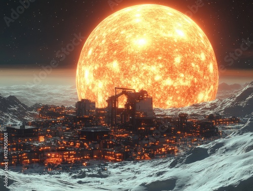 Futuristic cityscape beneath a gigantic sun on icy terrain photo