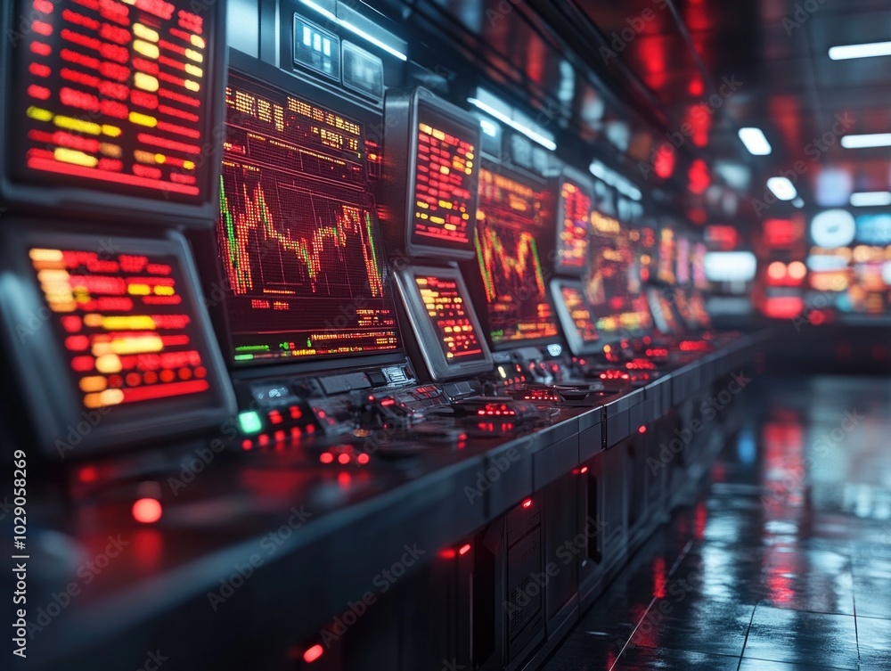 Futuristic trading room with glowing red monitors and financial data Futuristic trading room with glowing red monitors and financial data