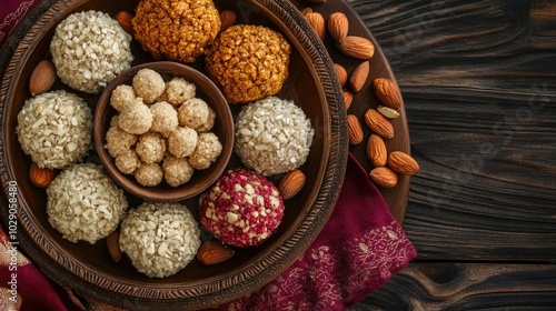 Close-up of traditional Indian Ladoo sweets arranged in a decorative bowl, garnished with almonds, served on a wooden platter during festival season