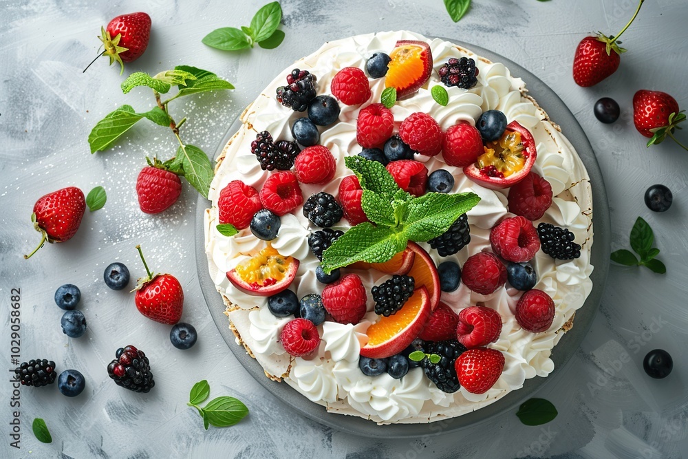 A round meringue cake topped with whipped cream and a variety of fresh berries on a gray background. A round meringue cake topped with whipped cream and a variety of fresh berries on a gray background.
