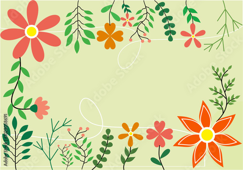 Background frame with blooming meadow flowers in vector, flat style.