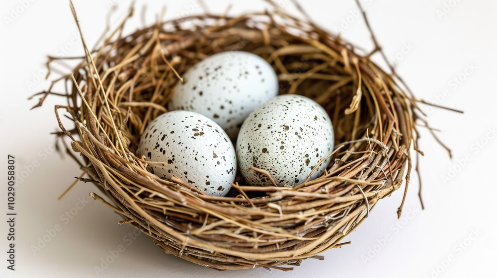 Close-Up of Three Speckled Eggs in a Nest Made of Twigs on a White Background Close-Up of Three Speckled Eggs in a Nest Made of Twigs on a White Background