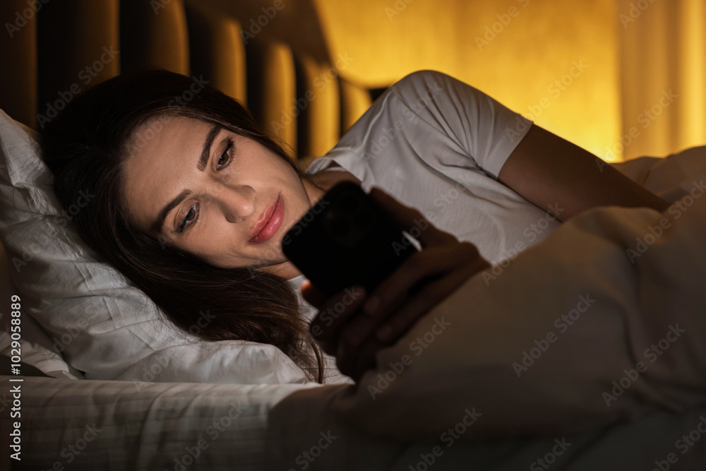 Obraz premium Bad habit. Young woman using smartphone in bed at night