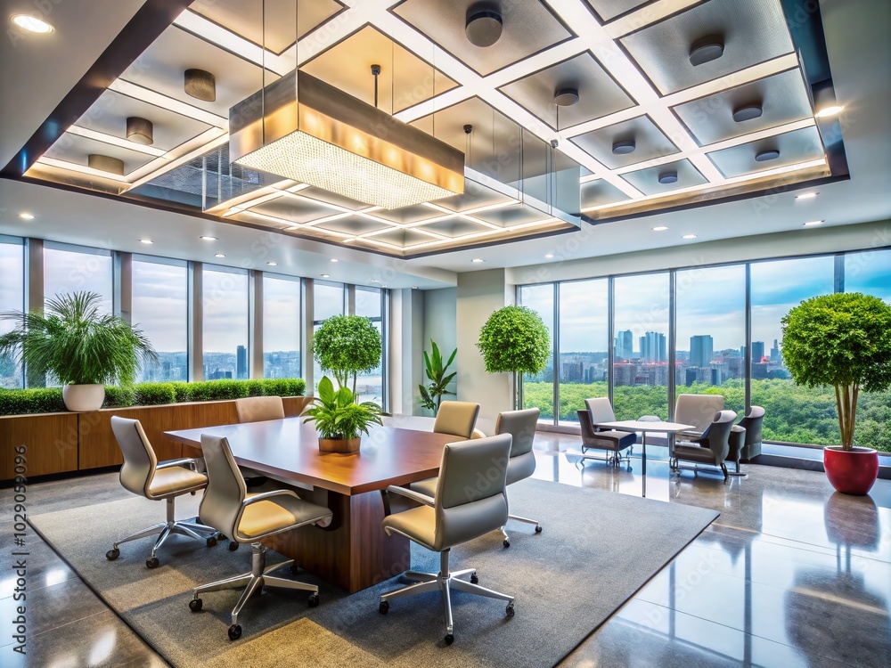 Modern Office Interior with Suspended Ceiling and LED Square Lamps for Enhanced Lighting Modern Office Interior with Suspended Ceiling and LED Square Lamps for Enhanced Lighting
