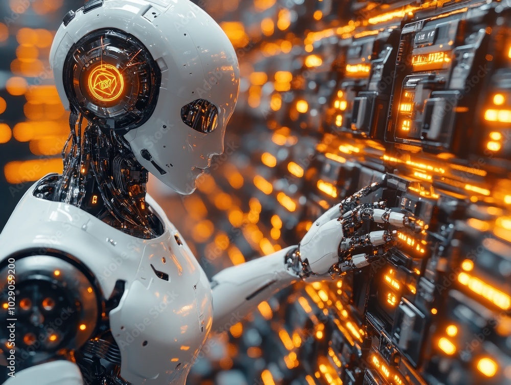 Futuristic robot interacting with digital control panel in high-tech environment Futuristic robot interacting with digital control panel in high-tech environment