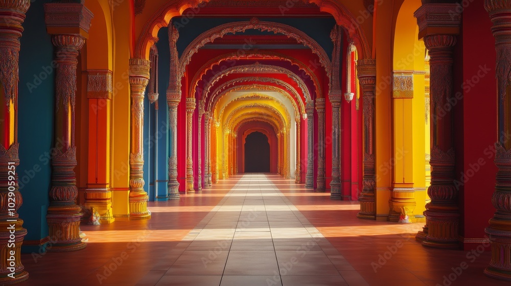Obraz premium An empty scene featuring a grand archway adorned with the Karnataka flag colors, creating an ideal product mockup space, with ample copy space for text, 