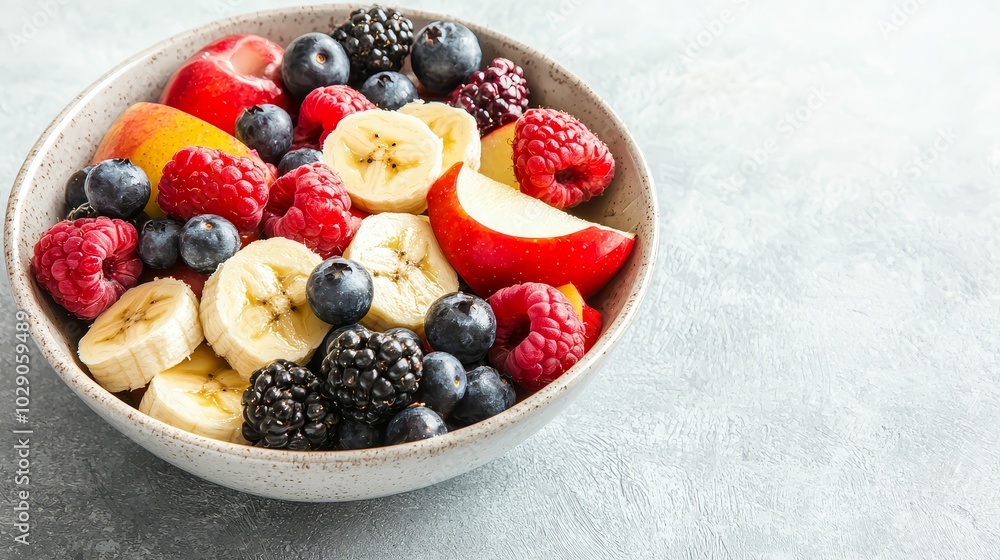 Fiber-packed organic fruit salad with apples, bananas, and berries, displayed in a clean and simple bowl Fiber-packed organic fruit salad with apples, bananas, and berries, displayed in a clean and simple bowl