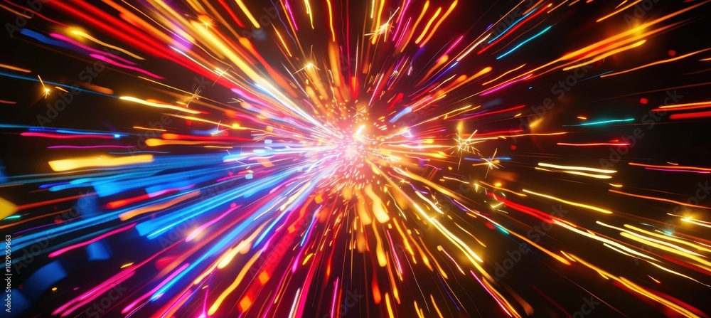 Vibrant New Year Celebration with Neon Fireworks on a Black Night Sky - Perfect for Posters Vibrant New Year Celebration with Neon Fireworks on a Black Night Sky - Perfect for Posters