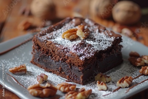 A delicious chocolate brownie topped with pecan nuts and powdered sugar on a gray plate.