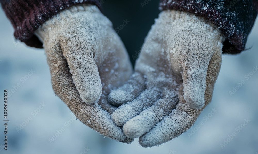 Fototapeta premium Frost-covered gloves, a winter scene.