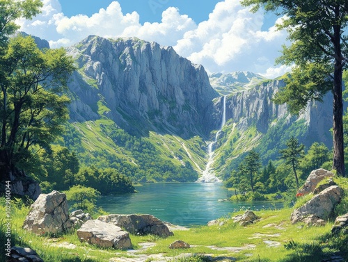 Serene mountain landscape with waterfall and lake under blue sky