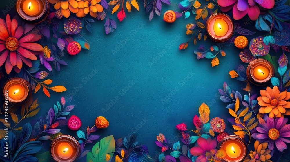 Diwali concept with greeting text on a bright background, framed by colorful candles, flowers, and vibrant Rangoli designs Diwali concept with greeting text on a bright background, framed by colorful candles, flowers, and vibrant Rangoli designs