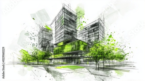 Modern cityscape with green spaces, illustrating sustainable urban planning. #1029060229