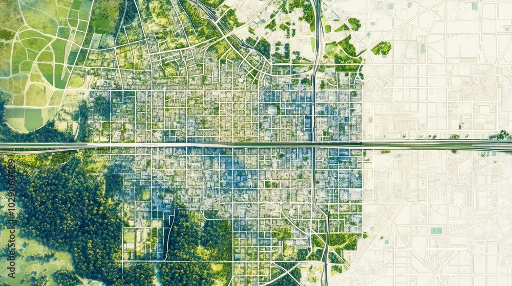 Naklejka premium An aerial view of a city with a highway dividing the city into two parts.