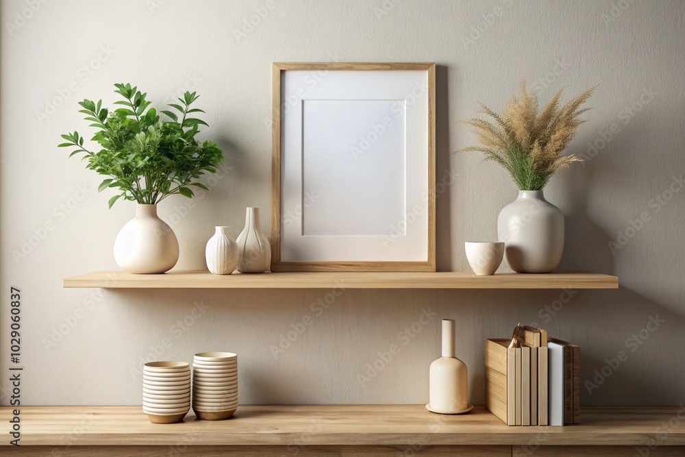 Modern Shelf Decor with Mockup Picture Frame and Vases in Minimalist Interior Design Modern Shelf Decor with Mockup Picture Frame and Vases in Minimalist Interior Design