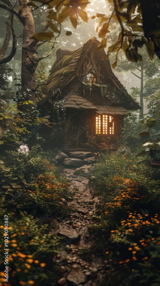 Fototapeta premium Enchanted forest with a hidden cottage, 4K hyperrealistic photo