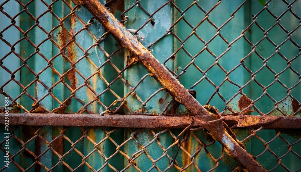 Rusty Chain-Link Fence with Peeling Metal Panels. Depicting Industrial Decay, Aging Infrastructure, and Urban Deterioration for Conceptual Use in Architecture, Urban Photography, or Texture Studies Rusty Chain-Link Fence with Peeling Metal Panels. Depicting Industrial Decay, Aging Infrastructure, and Urban Deterioration for Conceptual Use in Architecture, Urban Photography, or Texture Studies